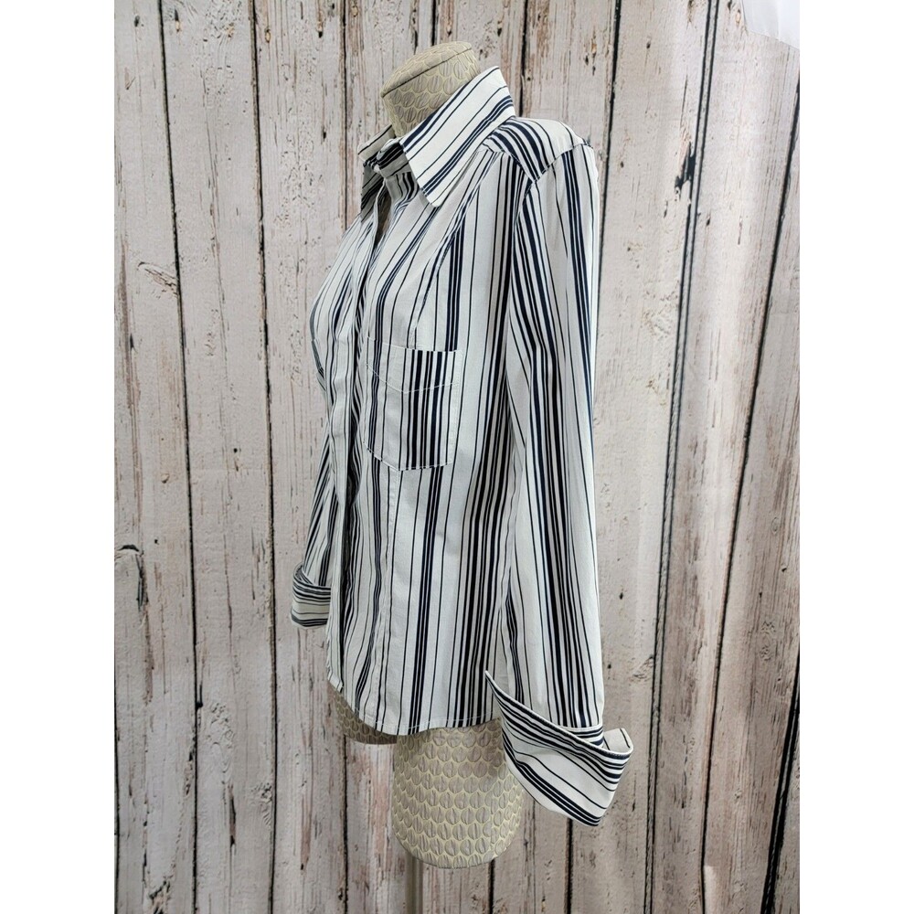 M‎ Siamo 12 Navy White Striped Ruffle Button Down Blouse Shirt Top Stretch EUC - Picture 5 of 12